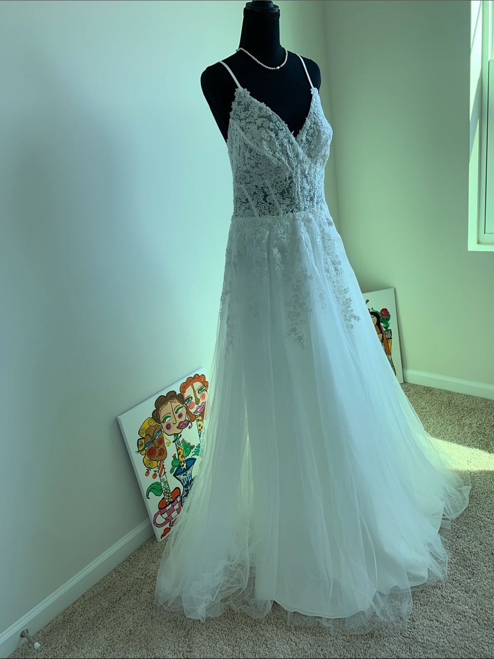 Lace Bodice Tulle A-Line Wedding Gown - White